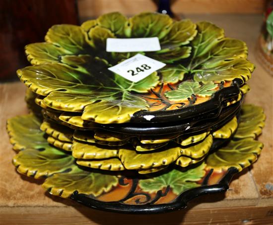 Set of green leaf majolica style plates